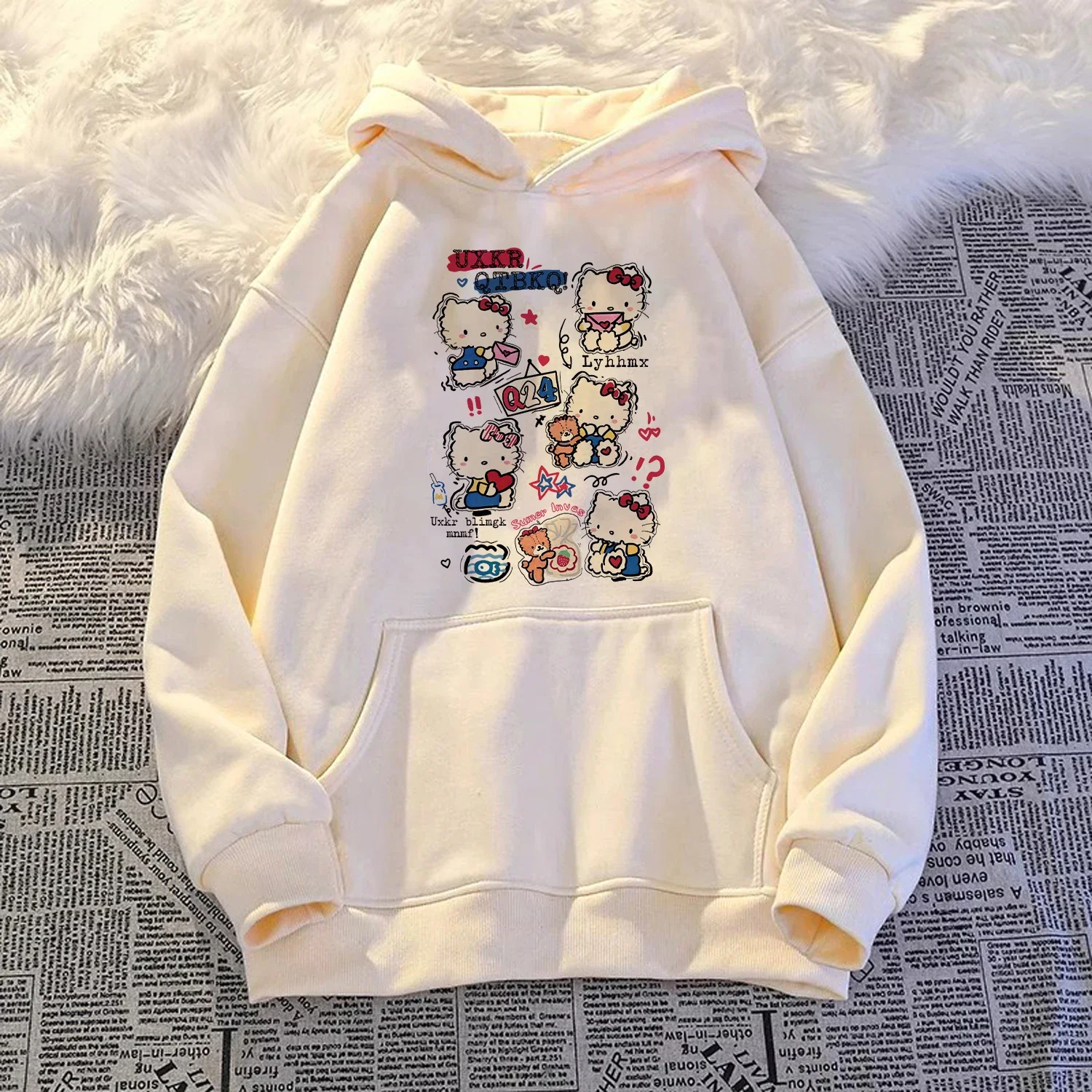 Hello Kitty Damen-Hoodie, lockerer College-Pullover, süße Cartoon-Katze, Damen-Kapuzenoberteil, Mädchen-Hoodie, modisches, trendiges Mädchen-Oberteil