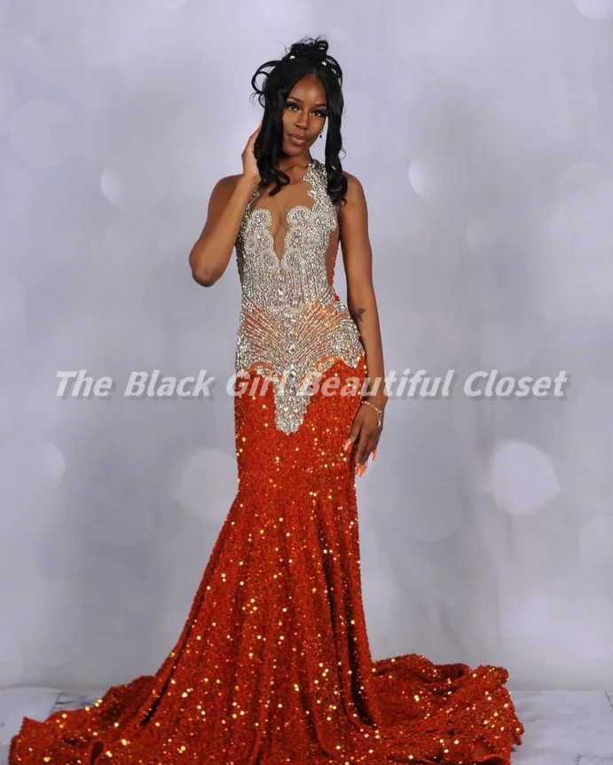 Orange Exquisite O Collar Prom Dresses New African Girls Sparkling Rhinestone Beaded Sequins Ruffle Fishtail Long Dresses