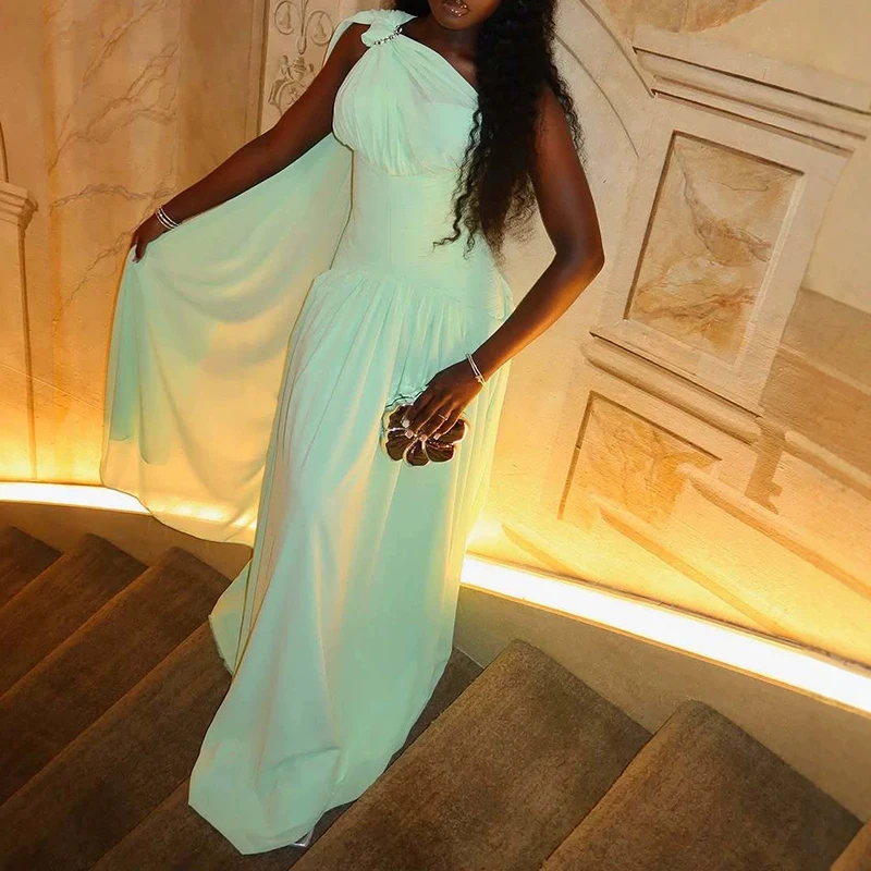 Women Fashion Hight Waist Solid Floor Length Dress Sexy Sleeveless Cocktail Dress Elegant Slanted Shoulder Chiffon Wedding Dress
