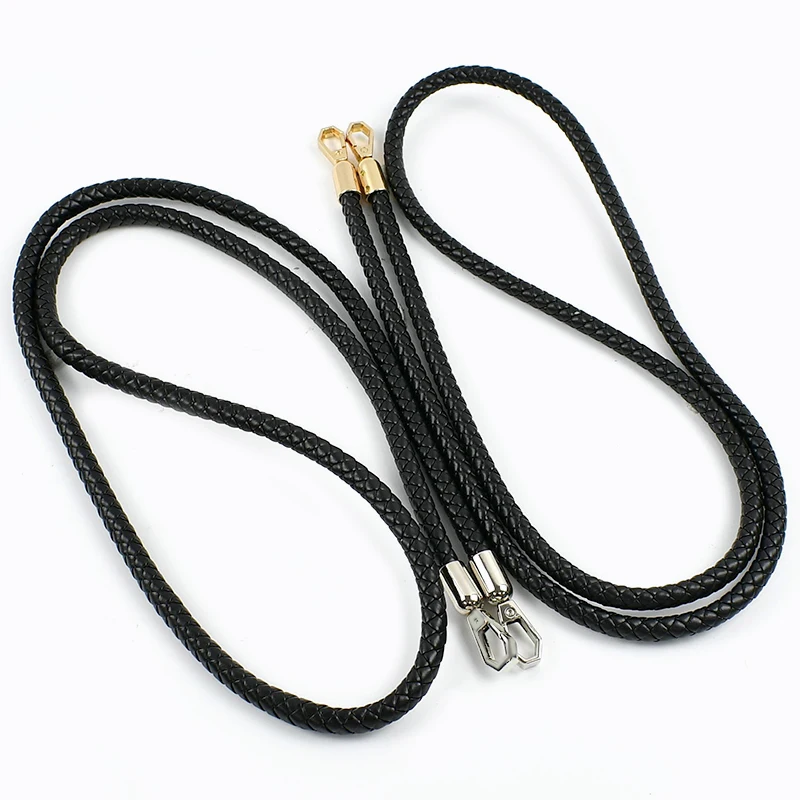 1/2Pcs 30-120cm Black PU Leather Bag Round Rope Handbag Handle Metal Buckle Chain Woven-bag Shoulder Strap Replace Accessories