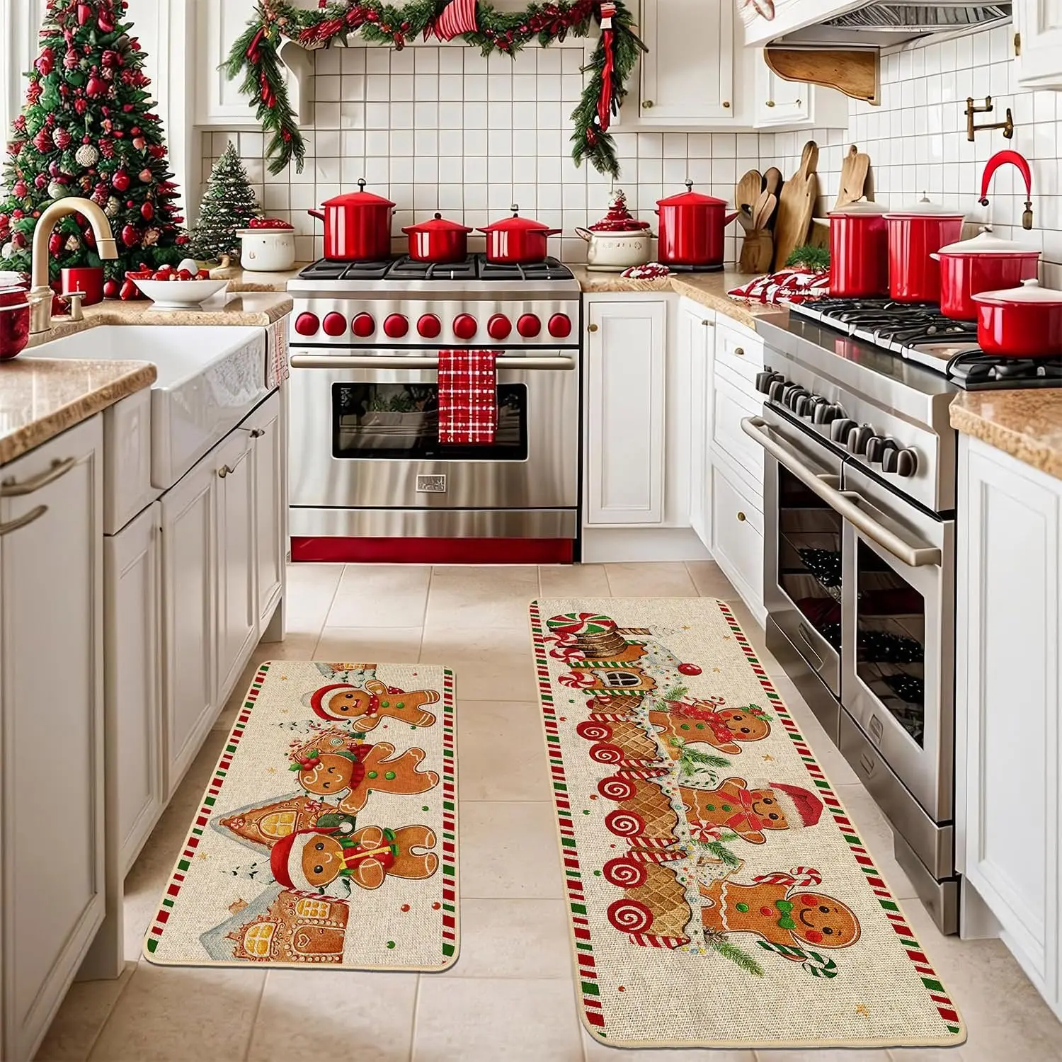 VIKAMA 2-teiliger Weihnachts-Lebkuchenmann, Zuckerstangen-Teppich, Küchenmatte für Boden, Flur, Wäsche, Waschbecken, Winter-Heimdekoration