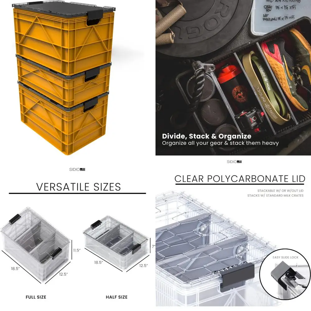 SIDIO CRATE Pro Pack: Set of Two Large and One Medium Heavy-Duty Stackable Storage Bins with Lids and Dividers