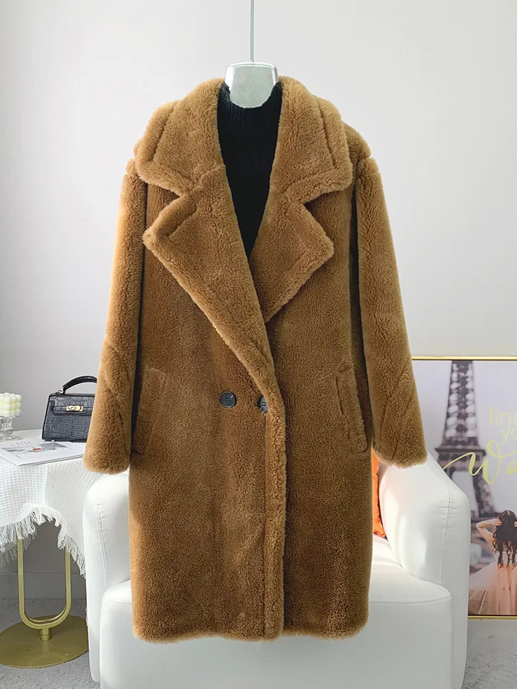 AYUNSUE High Street Sheep Shearing Jacket Women 2023 Winter 100% Wool Coat Fur Coats Jackets Mid-length Overcoat Abrigo Mujer