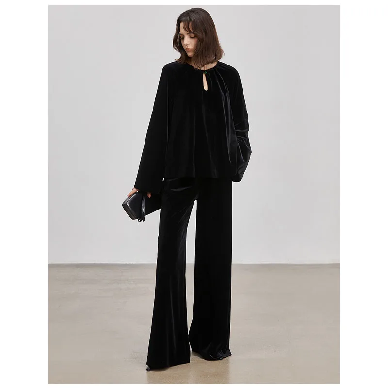 Silk velvet spring autumn women set long sleeve pullover elastic waist wide leg pants two-piece set of loose large size fat girl