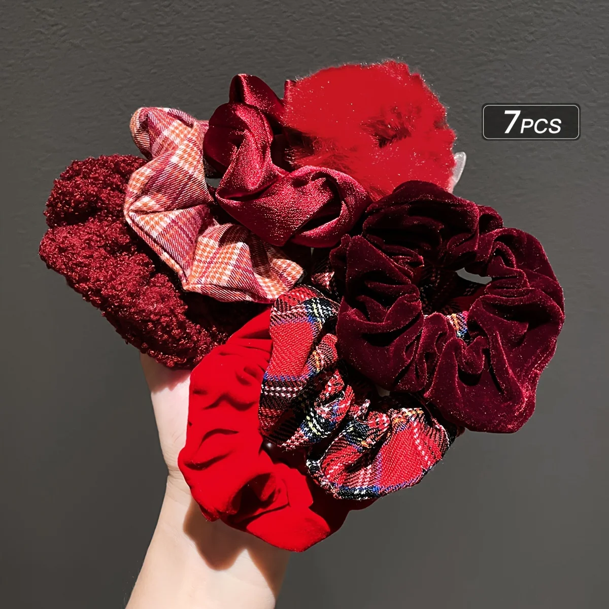 7Pcs Women\'s Autumn and Winter Burgundy Stuffed Large Intestine Hair Tie Festive and Fashionable Ponytail Headband Hair Accessor