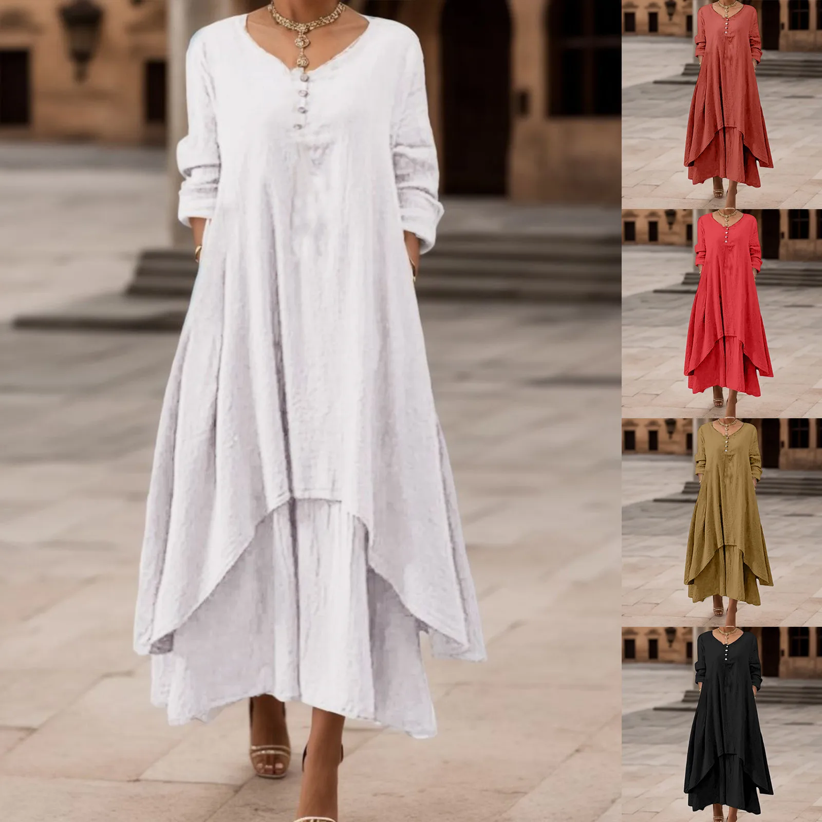 

Summer Literary Vintage Cotton Linen Irregular Dress Ladies Round Neck Loose Casual Robe Femme Solid 3/4 Sleeve Vestidos