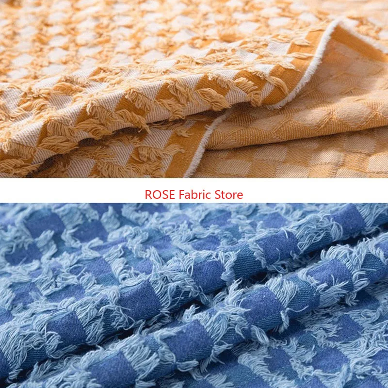 厚さ1メートルのタッセル付きコットンウォッシュド加工デニムチェック柄生地、DIY縫製ブレザーバッグ帽子用生地