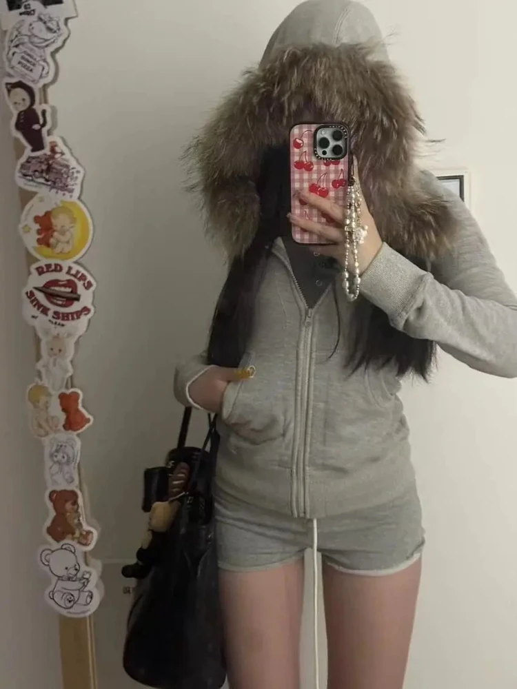 

Новый американский ретро меховой воротник тонкий свитшот на молнии с капюшоном женский уличный модный свитшот Y2k Harajuku шикарный повседневный свитшот