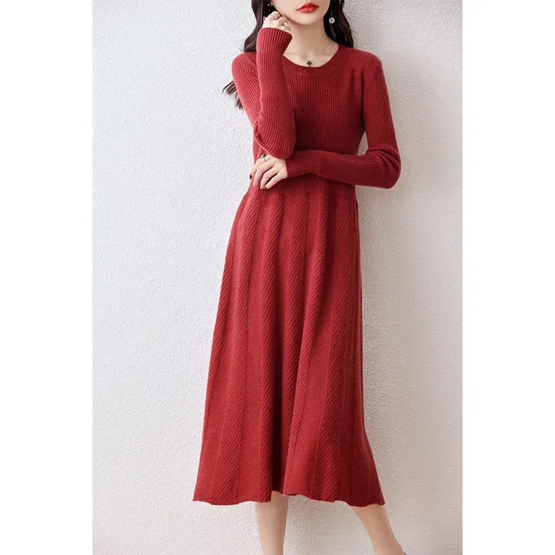 Hot Sale 100% Merino Wool Knitted Sweater Women Dress Winter/Autumn Female Knee Length Dresses Long Style Thicken Knit Jumper