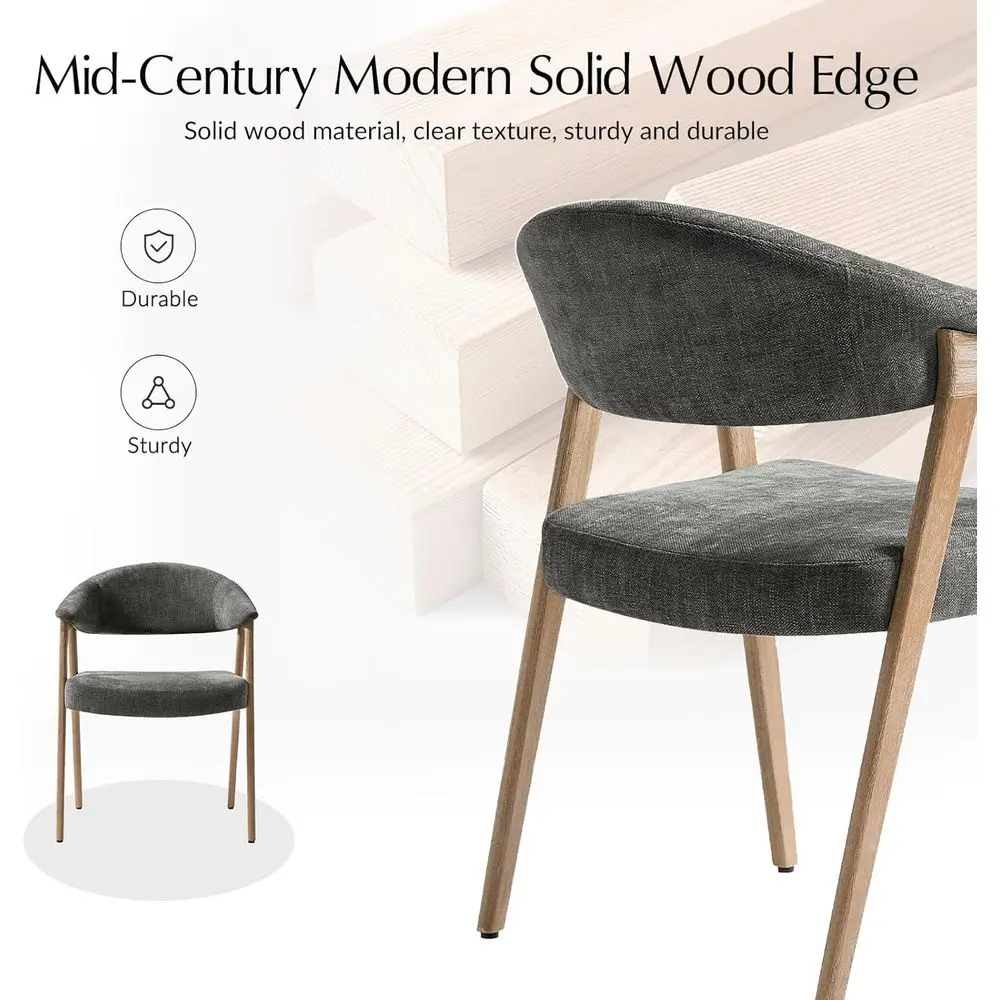 Set di 2 sedie da pranzo imbottite moderne Mid-Century, grigie, con braccioli, schienali curvi e gambe in legno massello per cucina o Res