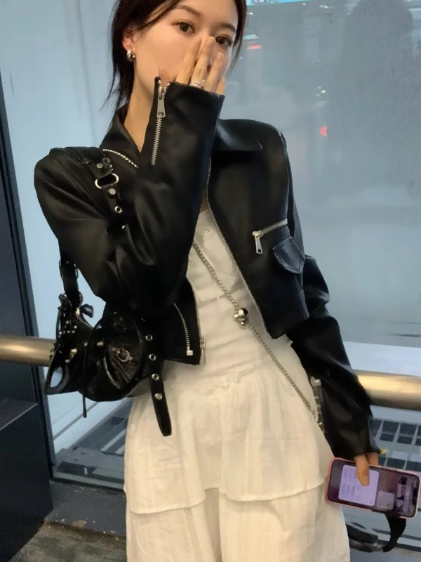 Retro americano bla motocicleta couro do plutônio jaet feminino cintura alta ort sle primavera outono doce e picante na moda