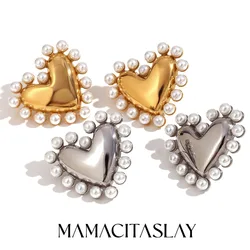 MamacitaSlay Romantic Heart Surrounded By Inlaid Pearls Stainless Steel Earrings Woman Gold Plated Jewelry Choice Day Offers