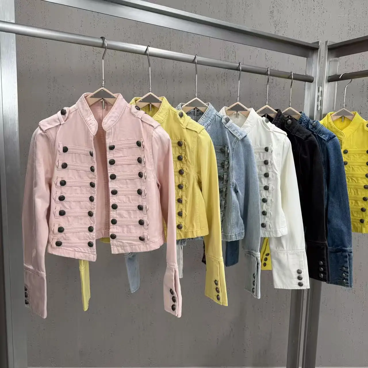 High Street Autumn Ins New Retro Palace Style Double Breasted Denim Short Jacket Women's Stand Up Collar Metal Decorative Jacket
