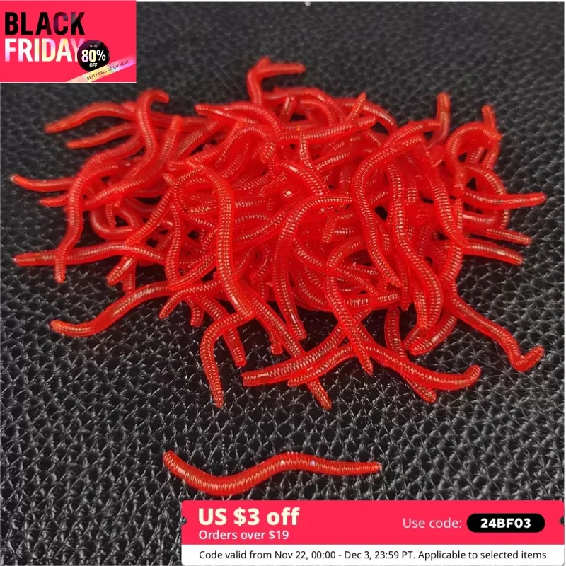 100pcs PVC Soft Lures Earthworm 3.5cm Lifelike Red Worm Fishing Silicone Fishy Shrimp Worm Fishy Smell Artificial Fishing Lures