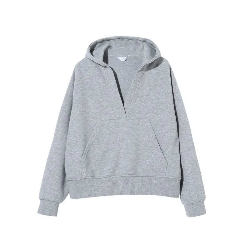 

Grey Hooded Sweatshirt for Women's Autumn and Winter 2025 New Style with Plush and Thick V-neck Winter Outfit Jacket