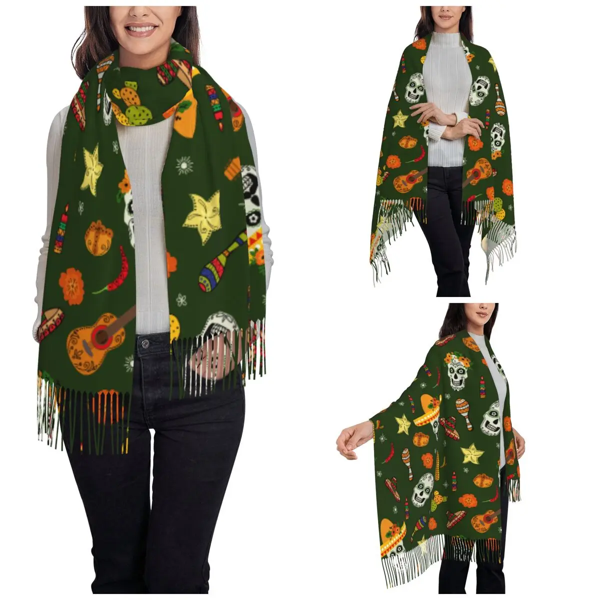 Day Of The Dead Mexican Sugar Skull Calavera Scarf for Women Pashmina Shawls and Wrap Muertos Long Shawl Scarf for Evening Dress