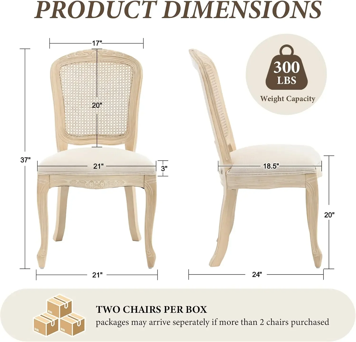 Wicker Dining Chairs Set of 2, Upholstered Linen Fabric Dining Room Chairs with Square High Rattan Back Farmhouse French Kitchen