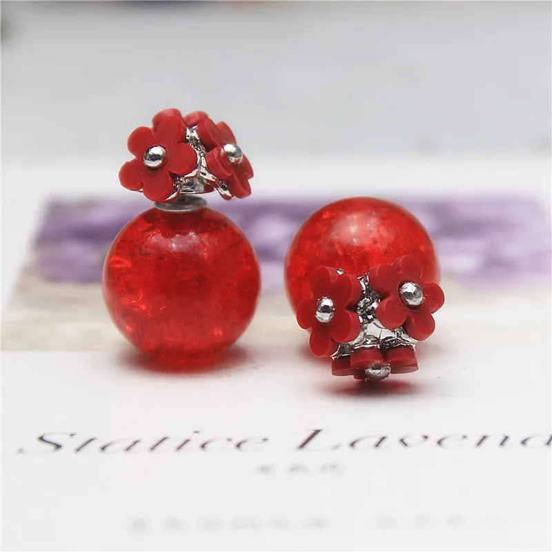 Korean Fashion Jewelry Three Flowers Ice Cracked Colorful Beads Front and Back Double-sided Earrings for Women Girl Accessories