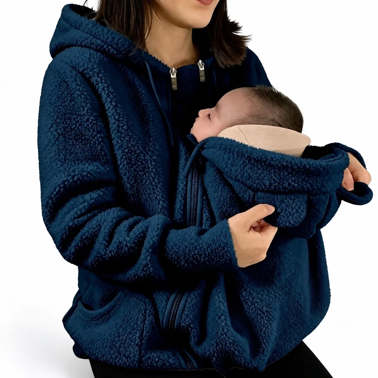 Women Fleece Baby Carrier Hoodie Warm Zip Up Maternity Jacket Kangaroo Mom Baby Winter Coat with Front Pouch