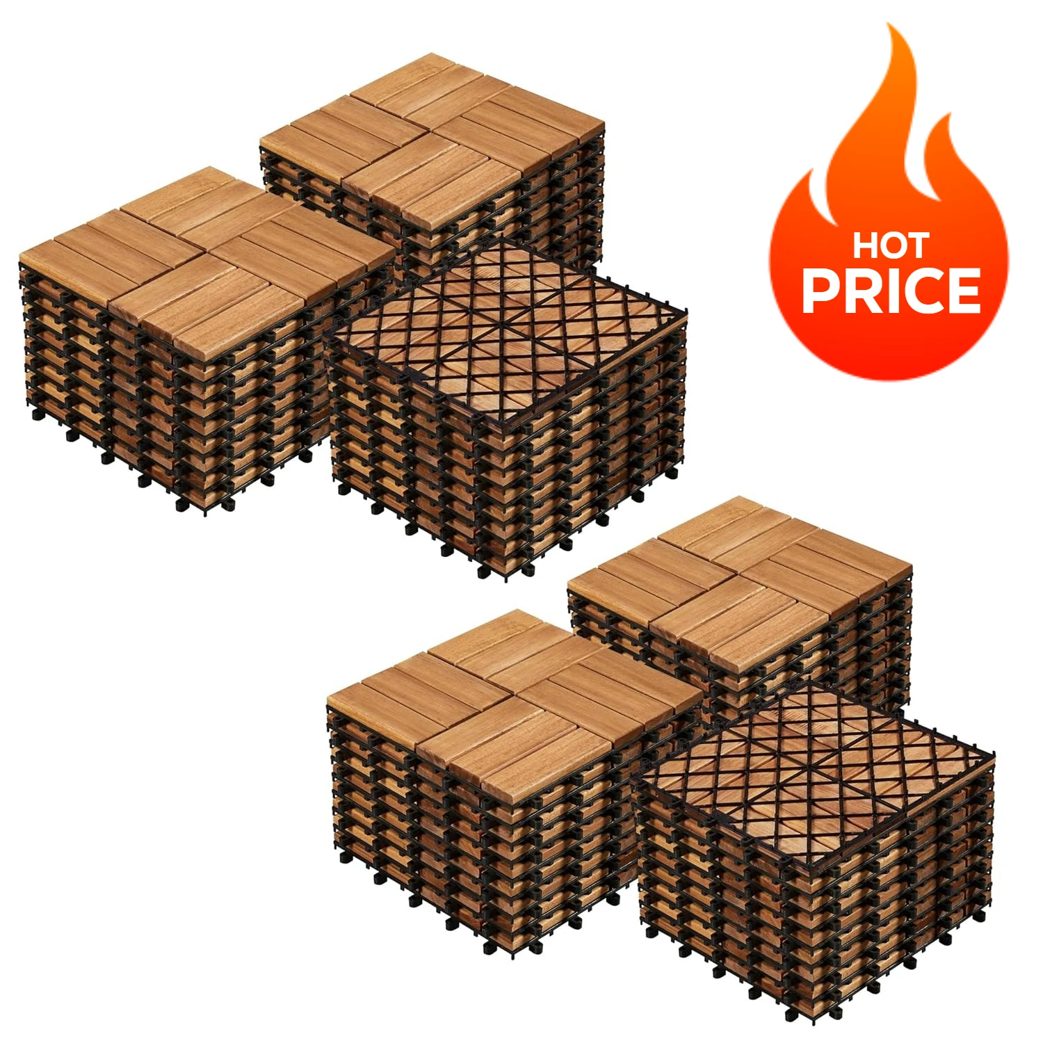 

54pcs Hardwood Interlocking Patio Deck Tiles Acacia Waterproof Wood Flooring Tiles, 12'' x12'' Indoor Outdoor Use All Weather