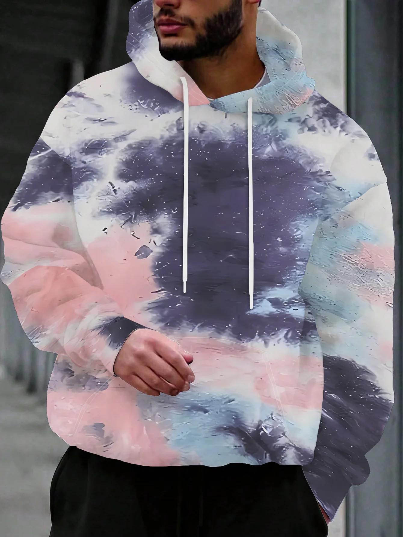 Men Pink Purple Blue Tie Dye Splash Ink Print Hoodie Long Sleeve Soft Casual Street Pullover Sweatshirt