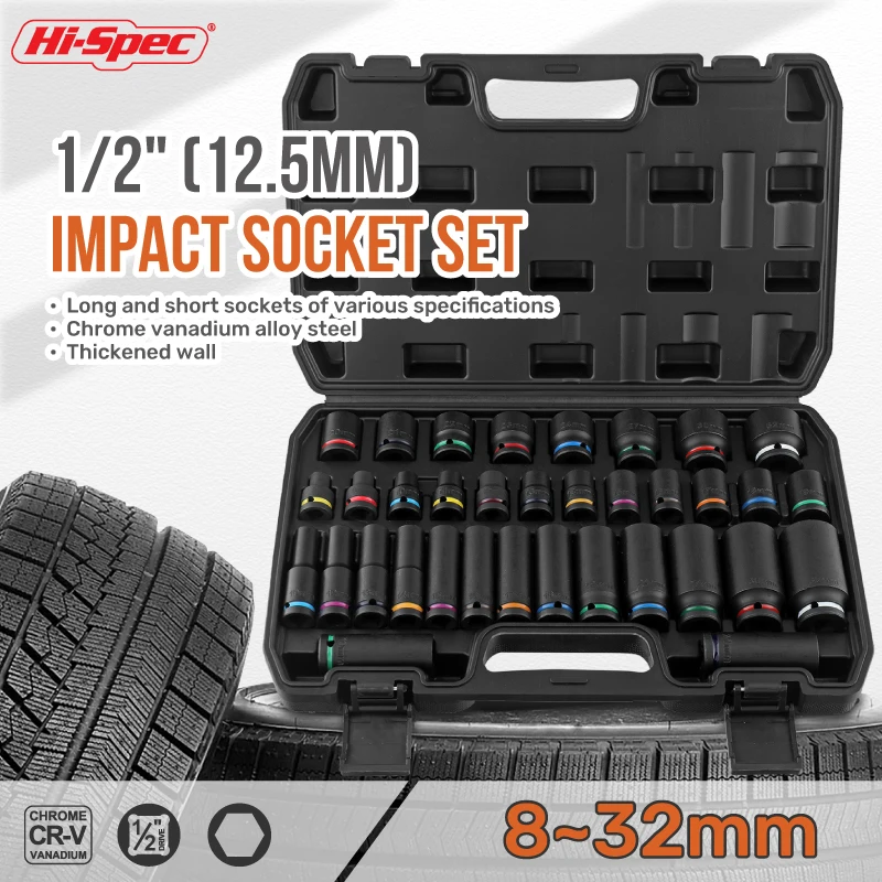 Hi-spec-chave Soquete Curta e Longa Porca de Soquete Longa Pneumática Driver Bit Grupo 832 mm Impact Air Cannon 35 Pcs