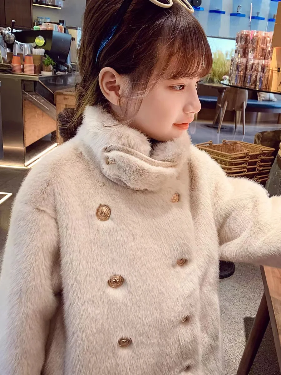 Imitation Mink Velvet Jackets Girls 2024 Autumn Winter New Loose White Casual Sweater Coat kids Jacket Girl Top