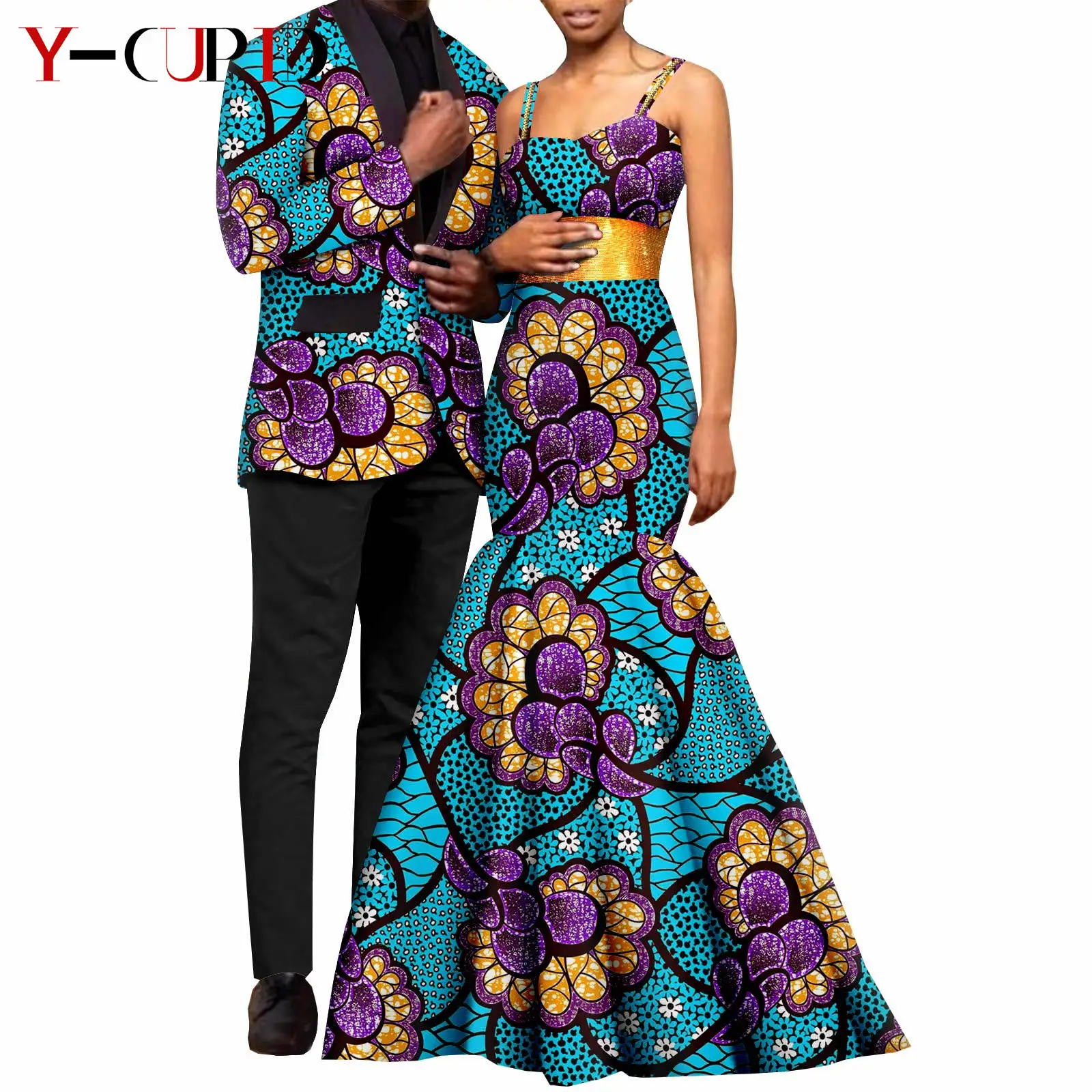 African Print Long Dresses for Women Matching Men Suits Outfits Dashiki Ankara Jackets Coats Bazin Riche Wedding Wear Y23C065