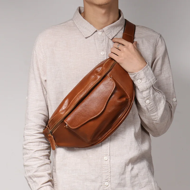 Vintage Leather Men's Chest Bag Plant Tanned Cowhide Casual Crossbody Backpack with Large Capacity Phone Case