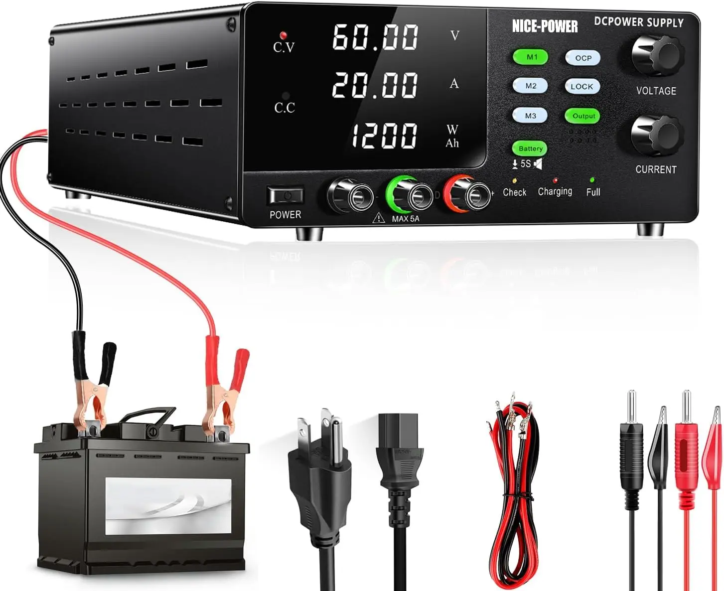 Nice-Power Dc Power Supply Variable, 60V 20A 1200W High Power Bench Power Supply For Battery Charging, Adjustable Switching