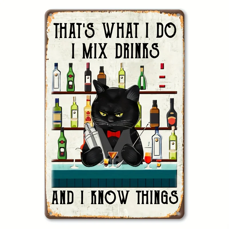 Vintage Black Cat Mixing Drinks Metal Wall Sign - 