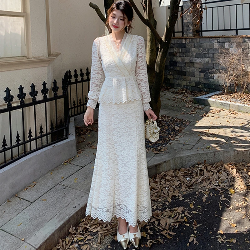 

Винтажный темпераментный комплект из 2 предметов, женский элегантный цветочный кружевной комплект с v-образным вырезом и длинными рукавами, тонкая рубашка с оборками, топы + длинные юбки, женская одежда