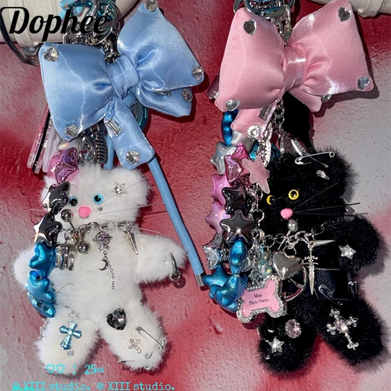 

Dophee Original Design Cute Plush Mouse Bell Pendant Subculture Diamonds Bow Cross Chains Key Chain Bag Decoration
