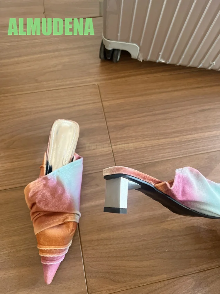 

Fanghe Baotou Half Slippers New Fashion Style Colorful Silk Cloth Design Middle Heel Pointed Slippers Sandalias De Mujer Verano
