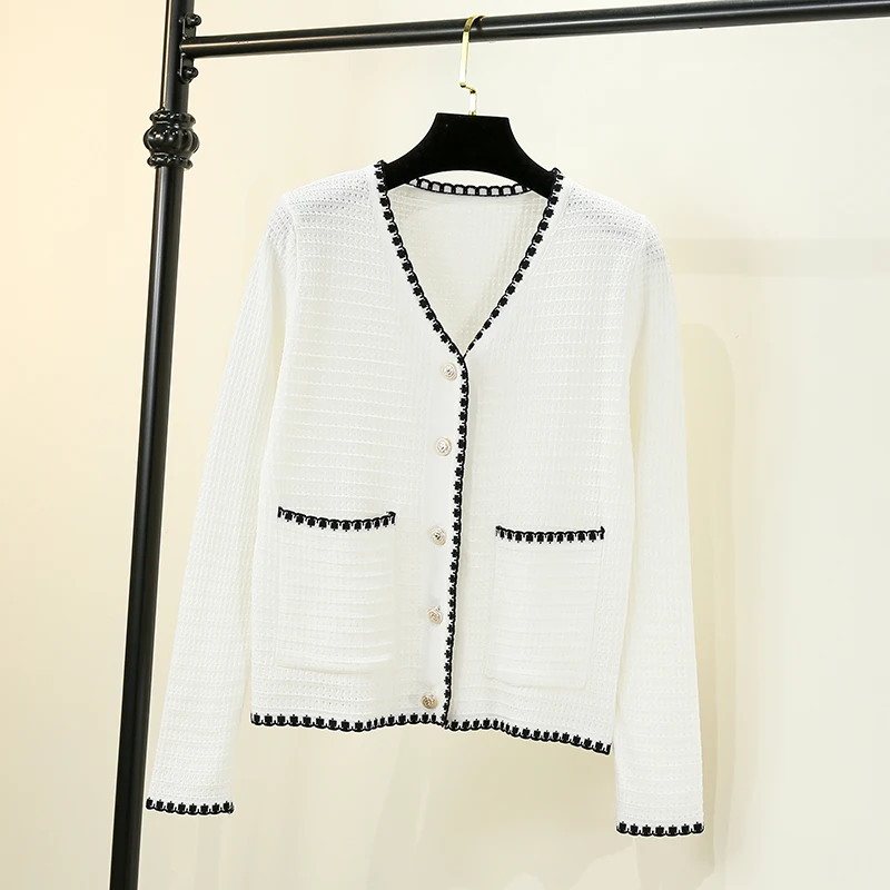 Cardigans Woman Summer Cardigan Women Crochet Top Female V-neck Basic Black Tricot Knitted Ladies Sweaters Blouses Cropped Girls