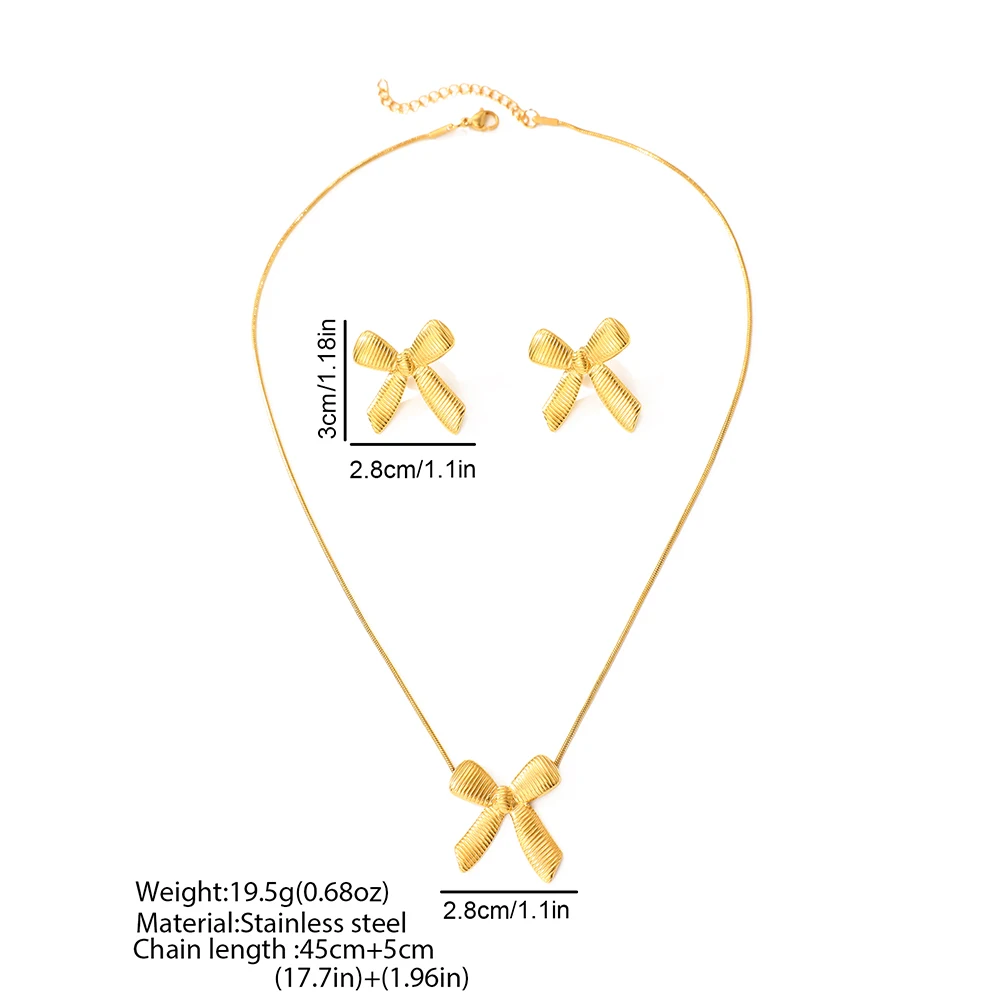 Stainless Steel Set Small Delicate Unique Bow Line Textured Necklace Earrings Two Piece Set For Women Jewelry Party Accessories