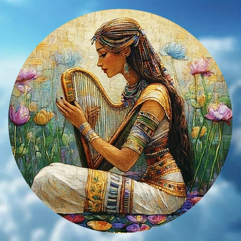 2D de una pieza, músicos egipcios en flores de loto, letrero de aluminio redondo clásico reutilizable vintage de 20,32 cm, sonido melodioso de arpa