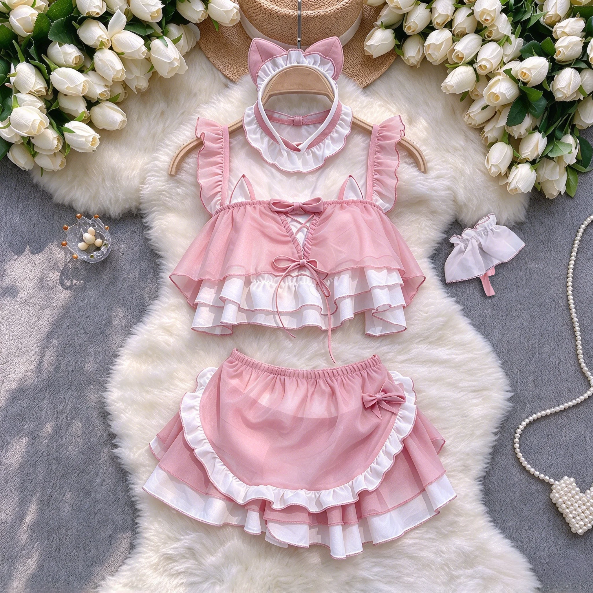 Kawaii Sexy Role Playing Cat Girl Servant Dress 2PCS Women Uniform Pajamas Set Lingerie Maid Cosplay Costumes Hotsweet Club Suit
