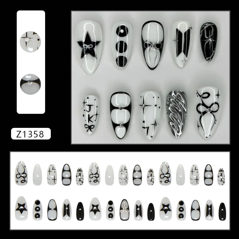 24PCS Sweet Cool Black Almond False Nails with Glue Simple Silver Star Bow Fake Nails for Spice Girls Polka Dots Nails Press On