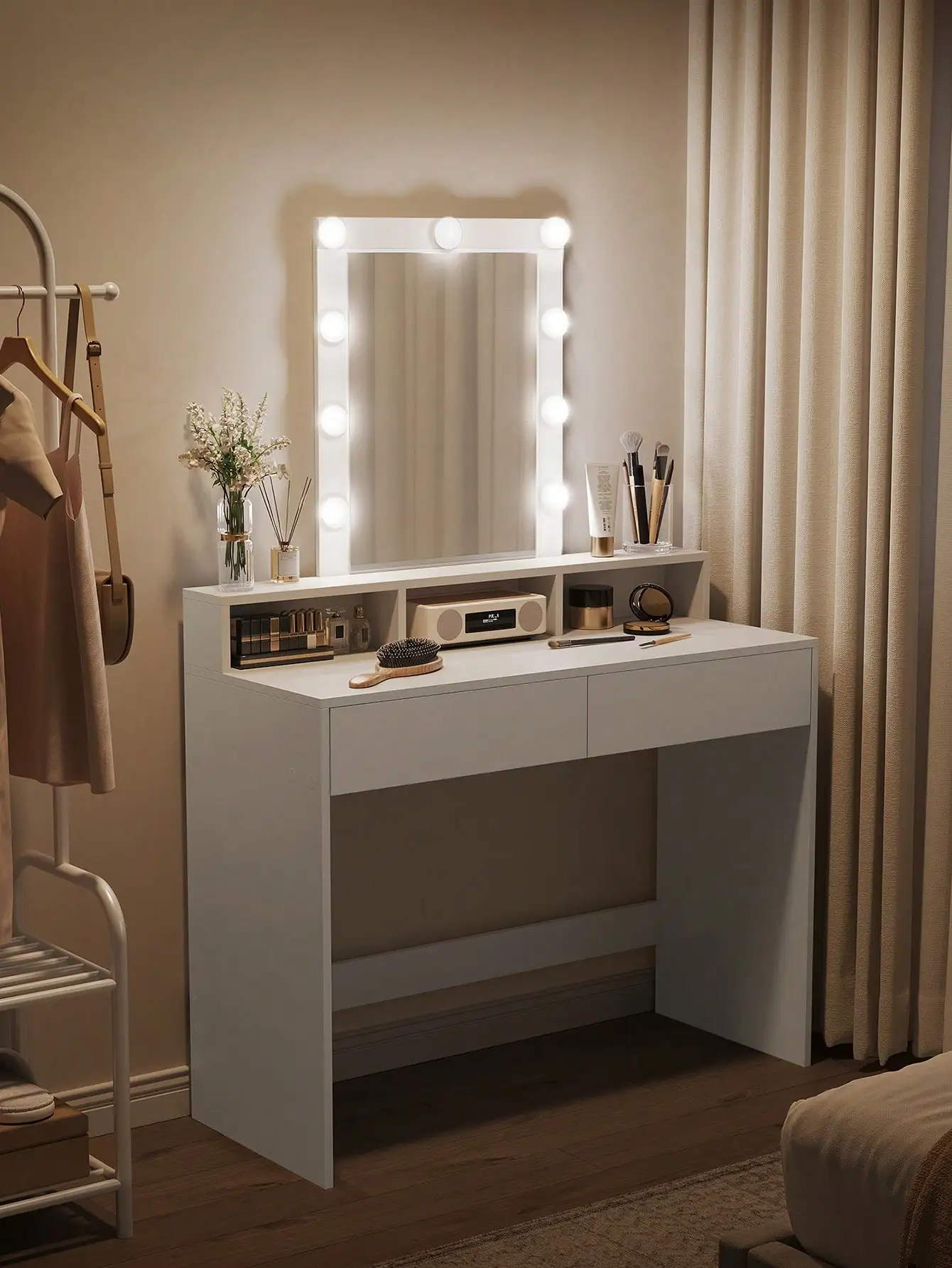 VASAGLE tavolo da trucco moderno bianco con luci a LED regolabili, specchio, 2 cassetti, 3 scomparti