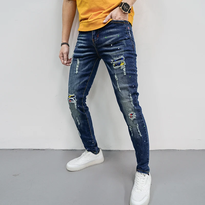 New Fashion Street Skinny Jeans Men Vintag Ewater Washing Distressed Patch  Trouser Mens Casual Slim Fit Pencil Denim Pants Blue