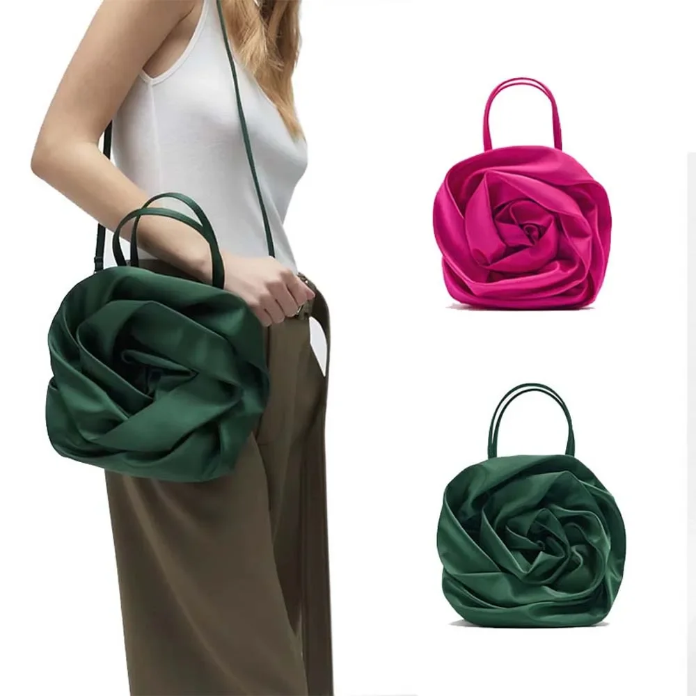 Luxury Rose Handbags Design Silk Pleated Flower Shoulder Bag Women Red Satin Round Evening Purse Wedding Party Clutches Female