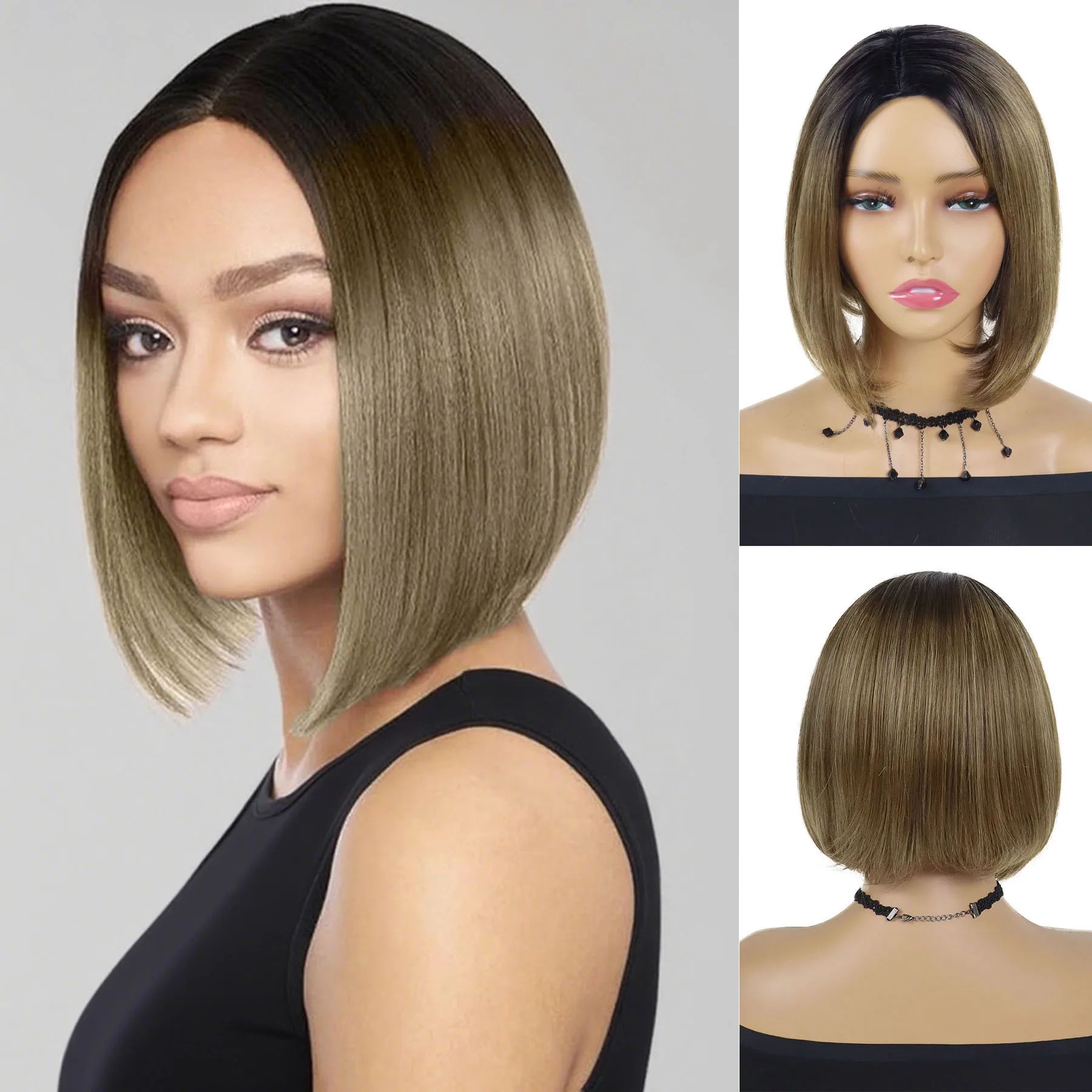 Peruca de cabelo sintético bob para mulher perucas curtas marrom ombre cor cabelo mamãe peruca com franja lateral cabelo reto fibra resistente ao calor