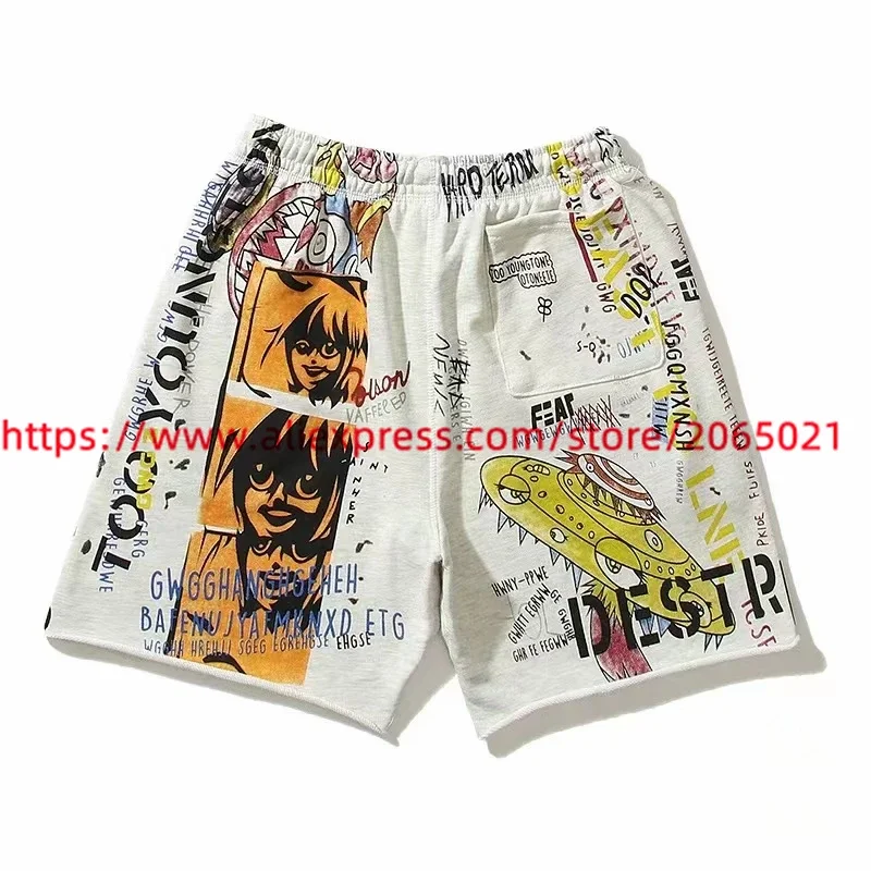 Washed SAINT Sweat Shorts Men Women Apricot Graffiti Drawstring Breeches