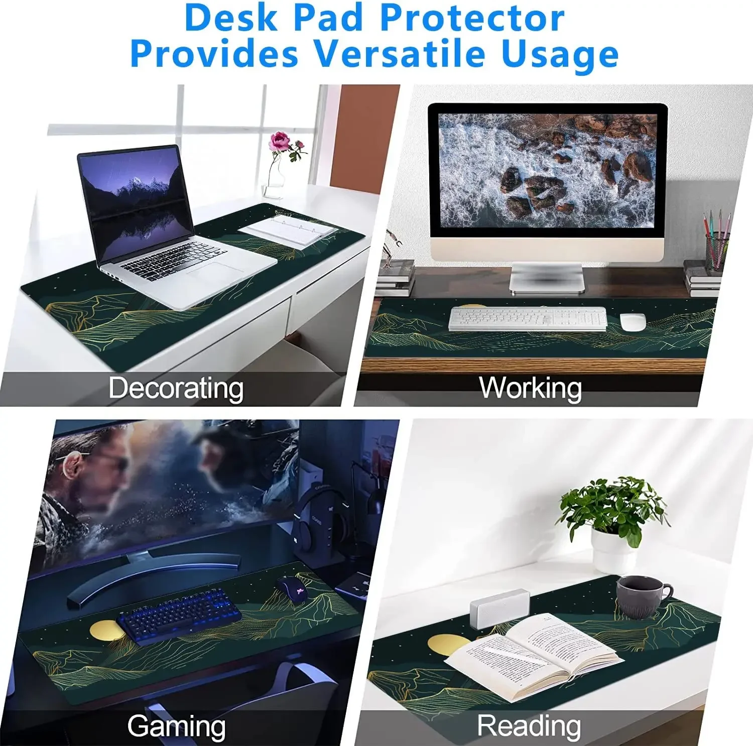 لوحة ماوس كبيرة Golden Mountain Line Arts كبيرة XL حصيرة مكتبية ممتدة مقاومة للماء مع حواف مخيطة 31.5 × 11.8 بوصة