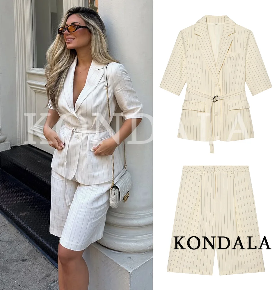 Ensemble Blazer et Short Rayé KONDALA pour Femme, avec Ceinture et Poches – Nouvelle Collection Printemps-Été 2026 – Tenue Décontractée pour les Vacances