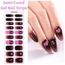 20Tips Halloween Semi Cured Gel Nail Strips Purple Black Skull Flame Nail Stickers Gel Nail Wraps For Festival Party Manicure