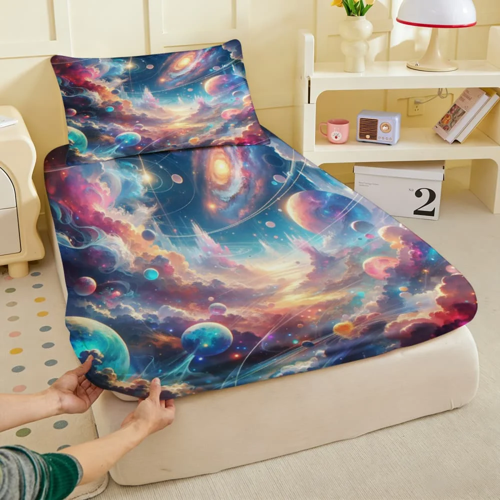1pc Fantasy Galaxy Castle & Planet Print Fitted Sheet Deep Pocket Elastic Mattress Cover Single Double Queen King Bedroom Decor