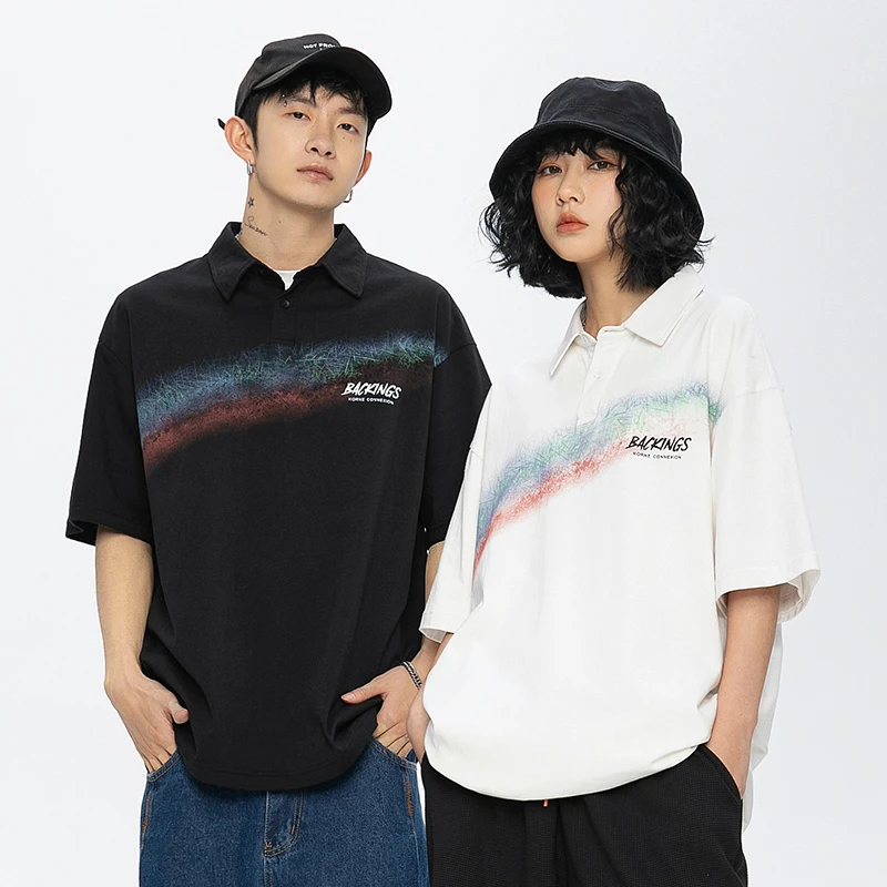 Japanese Style Couple Summer Polo Shirt Men New Rainbow Printed Polo Shirts Cotton Short Sleeve Loose Fashion Tops Dropshipping