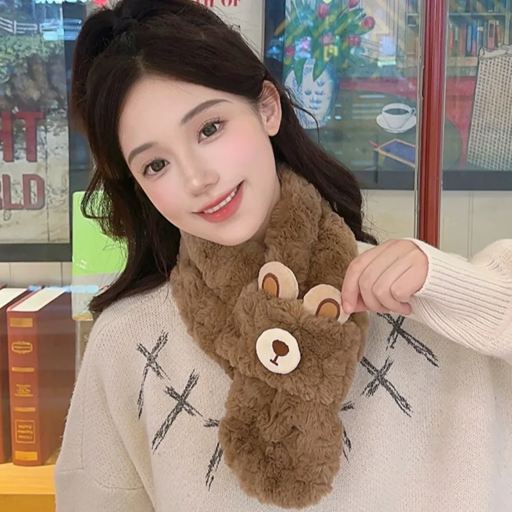 Trendy Cartoon Bear Women's Winter Scarf Large Thicken Flocking Scarfs Soft Solid Color Cute Plush Neckerchief Lady